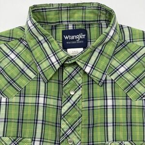 Wrangler Western Wear Pearl Snap Short Sleeve Green Large Rodeo Cowboy Striped
